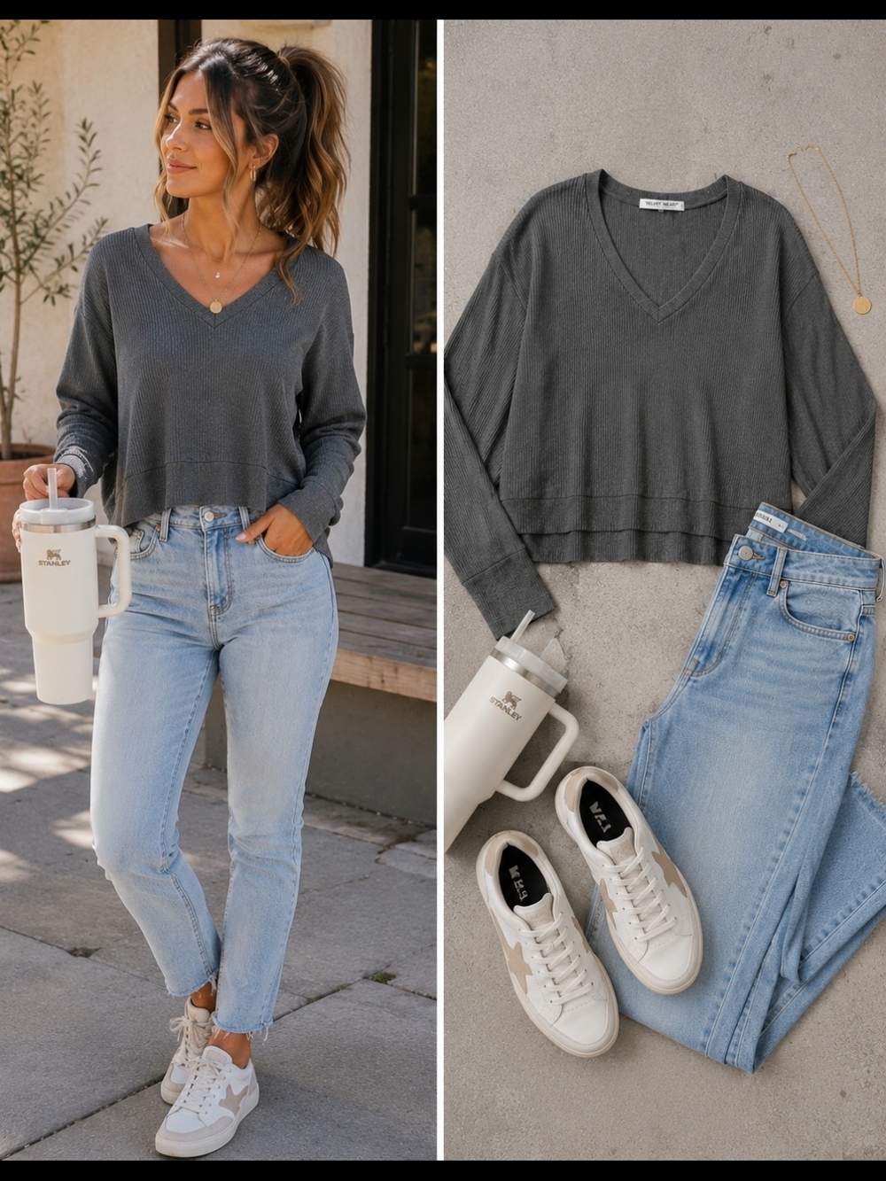 Charcoal Gray Ribbed V-Neck Cropped Sweater | Soft Casual Lounge Basic Crop